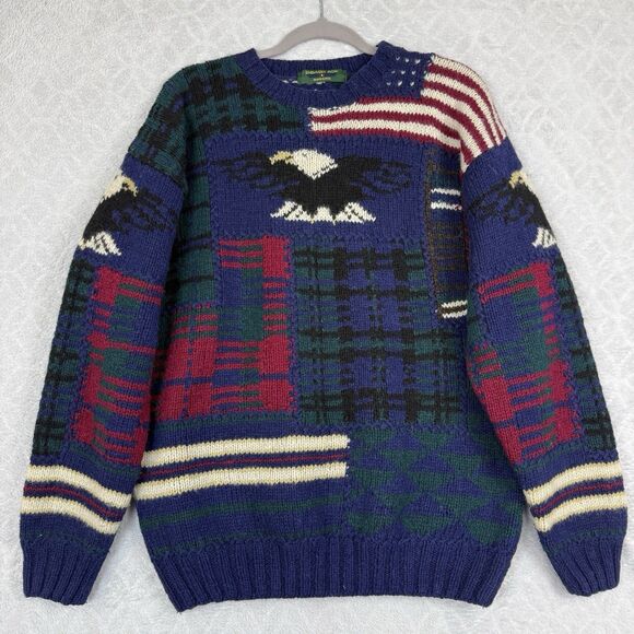Vtg Hand Knit 100% Wool Crewneck Sweater Mens M USA American Flag Eagle Preppy - Picture 1 of 9